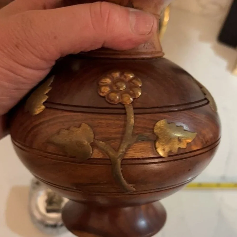 Vintage Handcrafted Wood and Brass Inlay Floral Vase